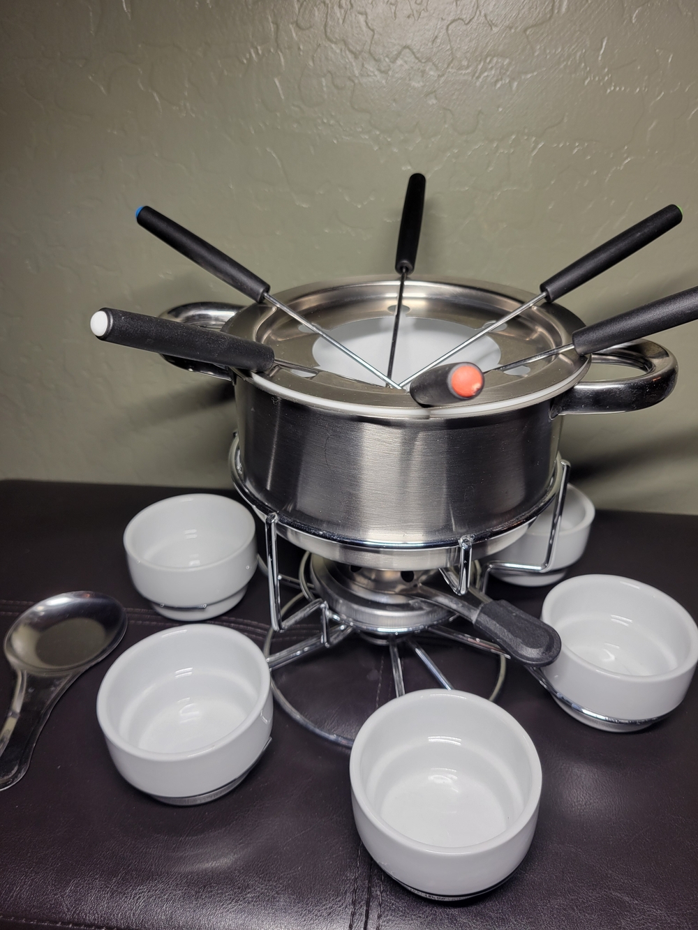 Stainless Steel Fondue Set with White Ceramic Bowls